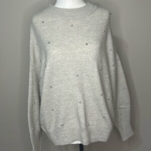 H&M Light Gray Pearl-Embellished Crewneck Sweater